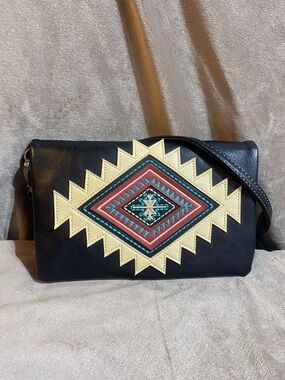 American Bling Aztec Black Crossbody Bag with Geometric Embroidery